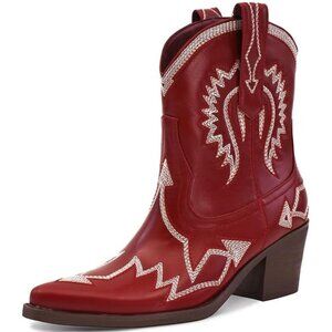 Women's Metallic Embroidered Pointed Toe Cowgirl Boots Chunky Pull-On Wine Red